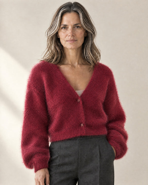 Brushed V-Neck Button Cardigan in Rose Red