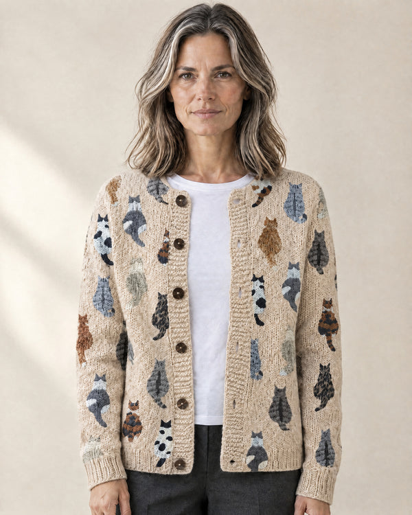 Cat Motif Button Cardigan in Beige