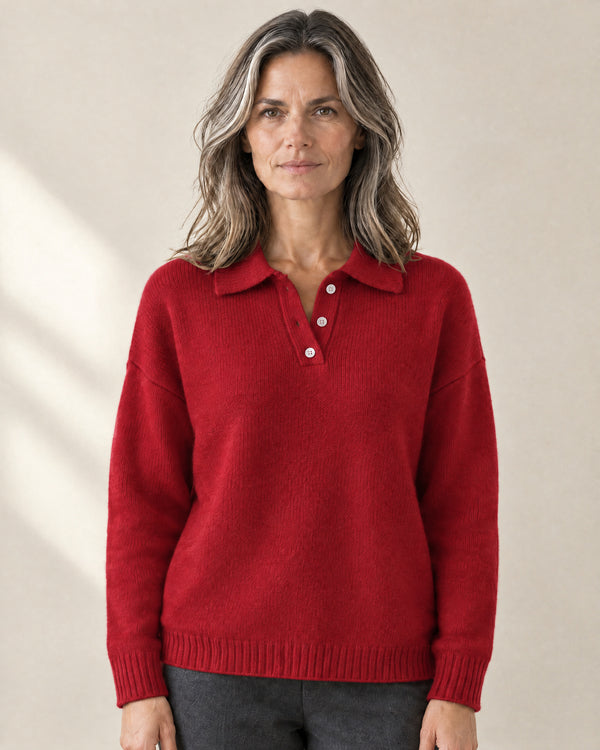 Brushed Knit Polo Jumper in Red