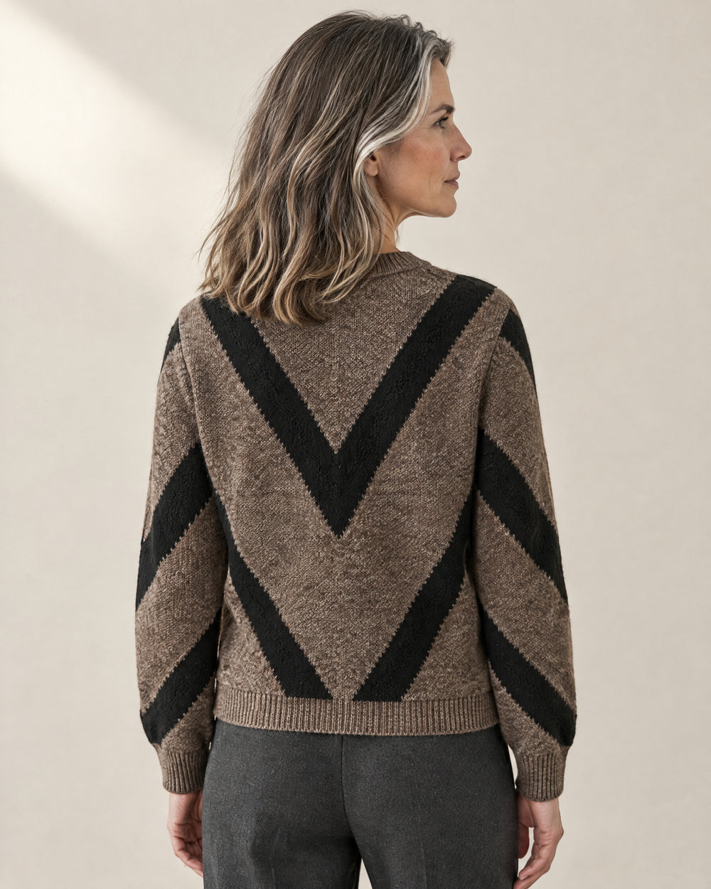 Chevron Cotton Crew Neck Jumper, back view, worn
