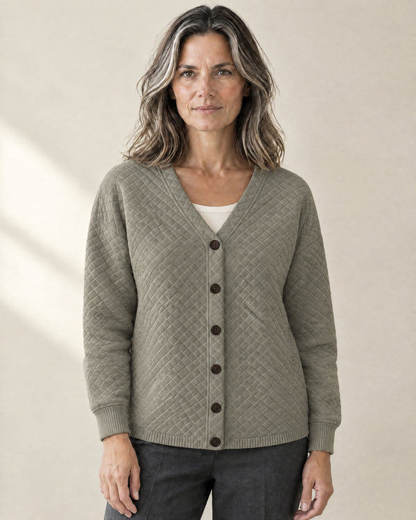 Quilted V-Neck Button Cardigan in Khaki