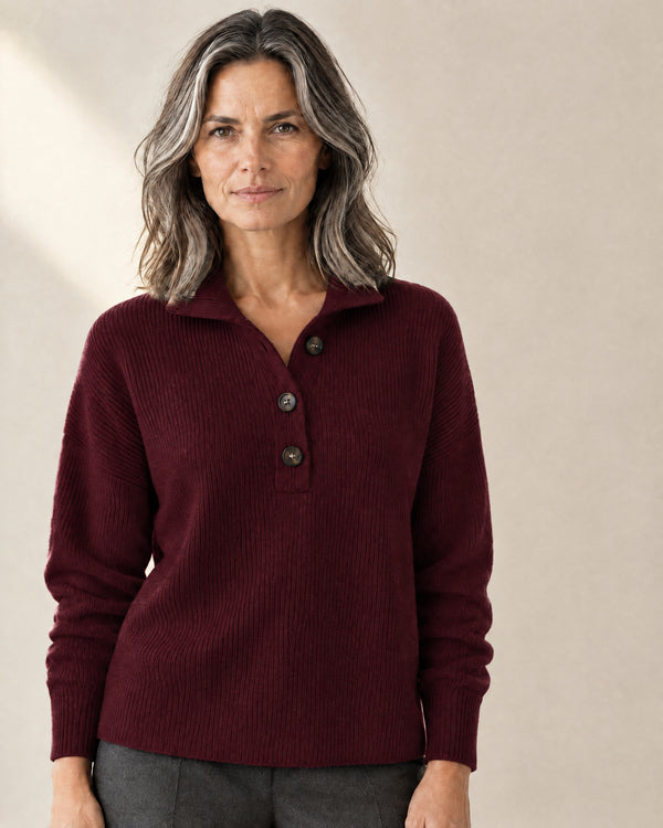 Ribbed Polo Collar Jumper in Burgundy