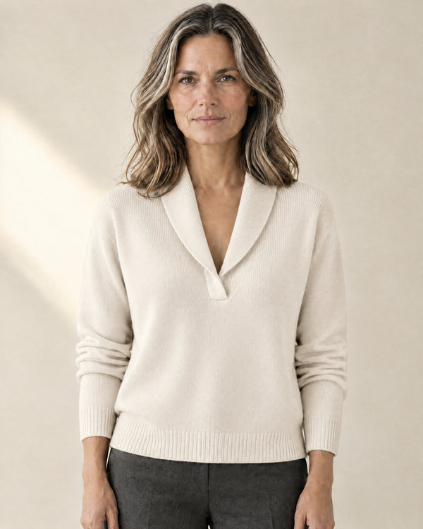 Ribbed Shawl Collar Jumper in Cream
