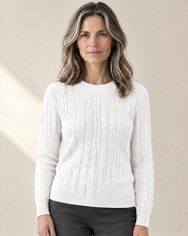 Cable Knit Crew Neck Jumper in White