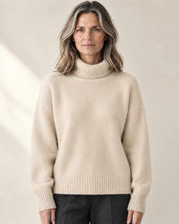 Drop Shoulder Roll Neck Jumper in Beige