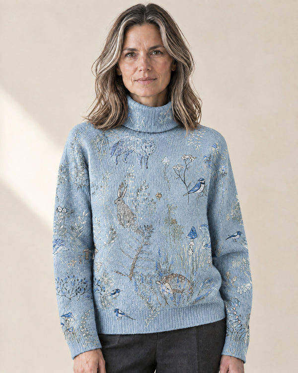 Floral Pattern Roll Neck Jumper in Light Blue