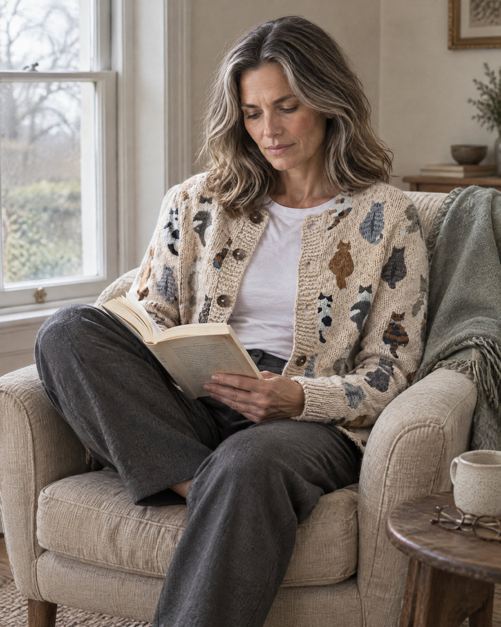 Cat Motif Button Cardigan, worn at home