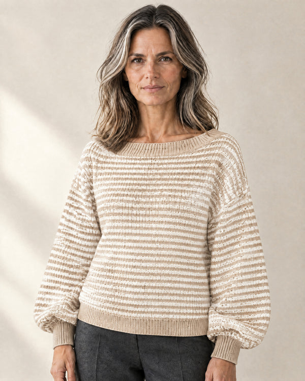 Striped Balloon Sleeve Jumper in Beige