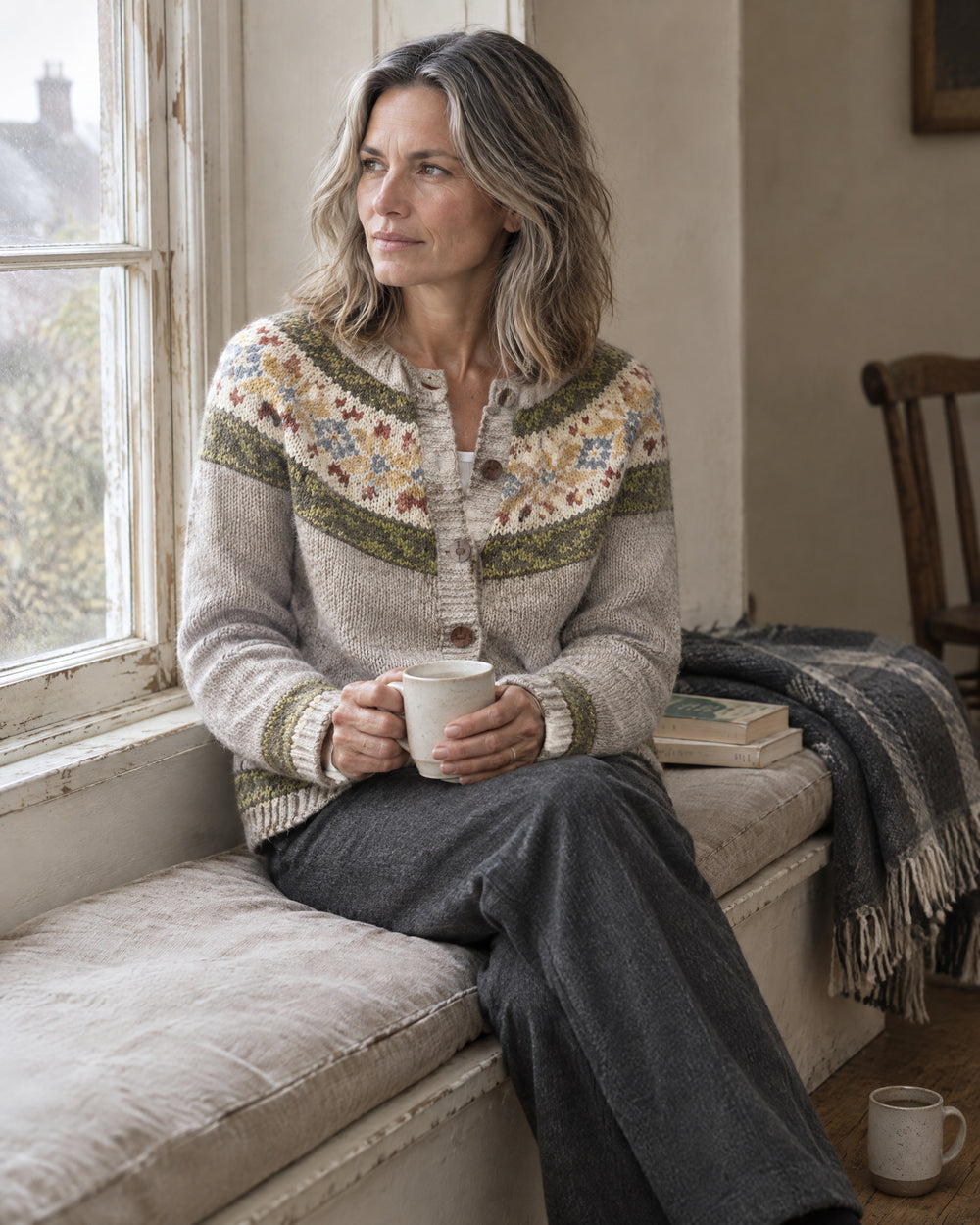Snowflake Fair Isle Yoke Cardigan, worn at home