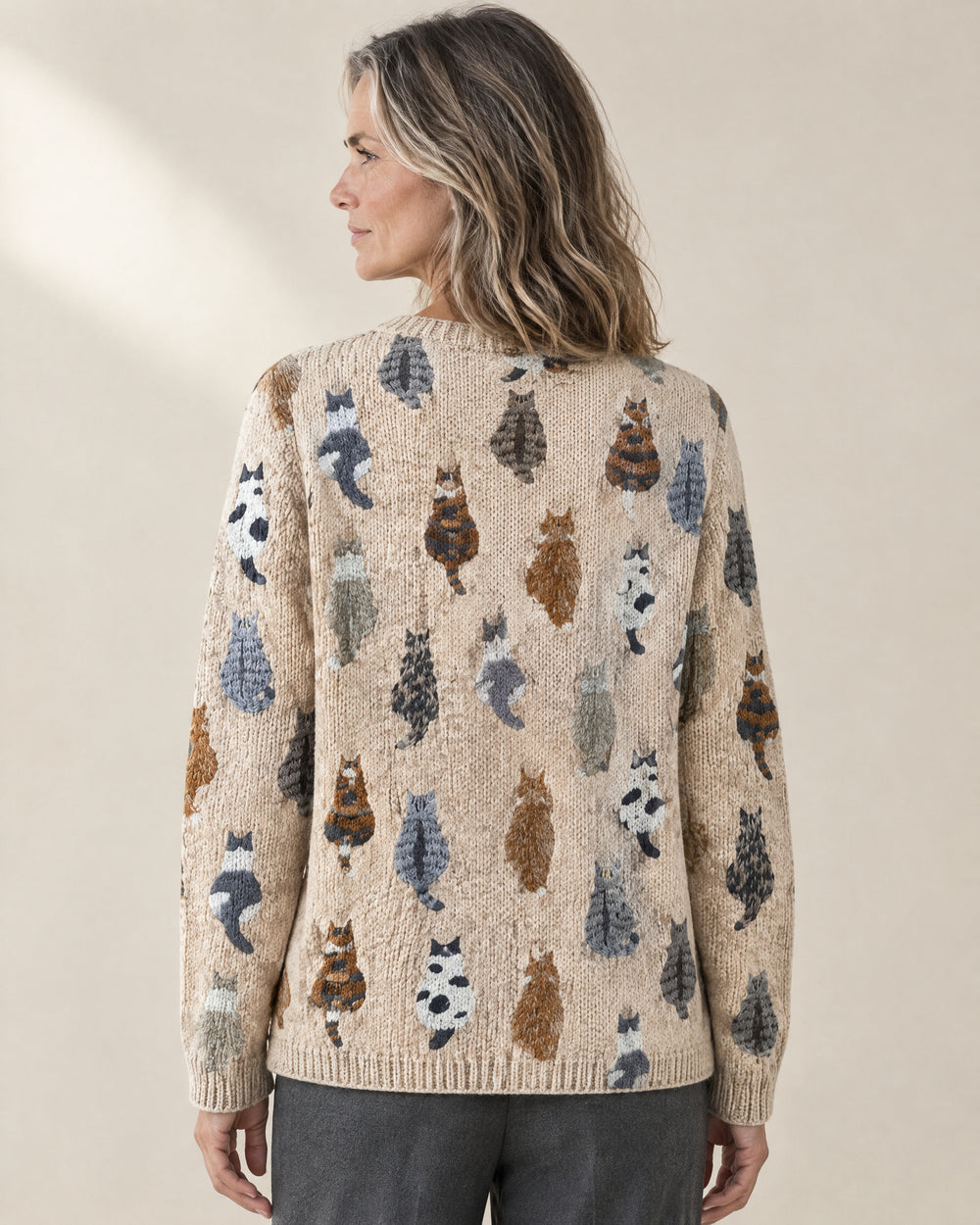 Cat Motif Button Cardigan, back view, worn
