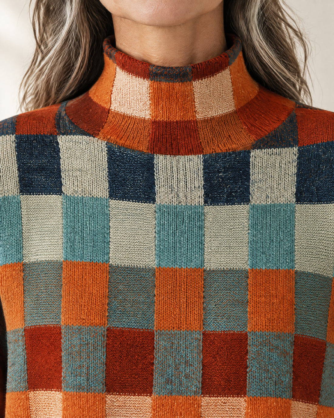 Patchwork Check Mock Neck Jumper