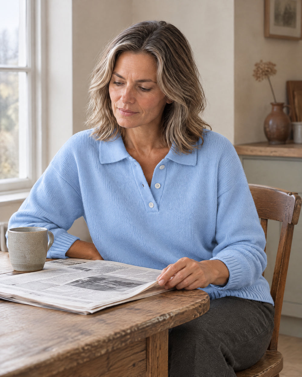 Curved-Hem Polo Collar Jumper, worn at home