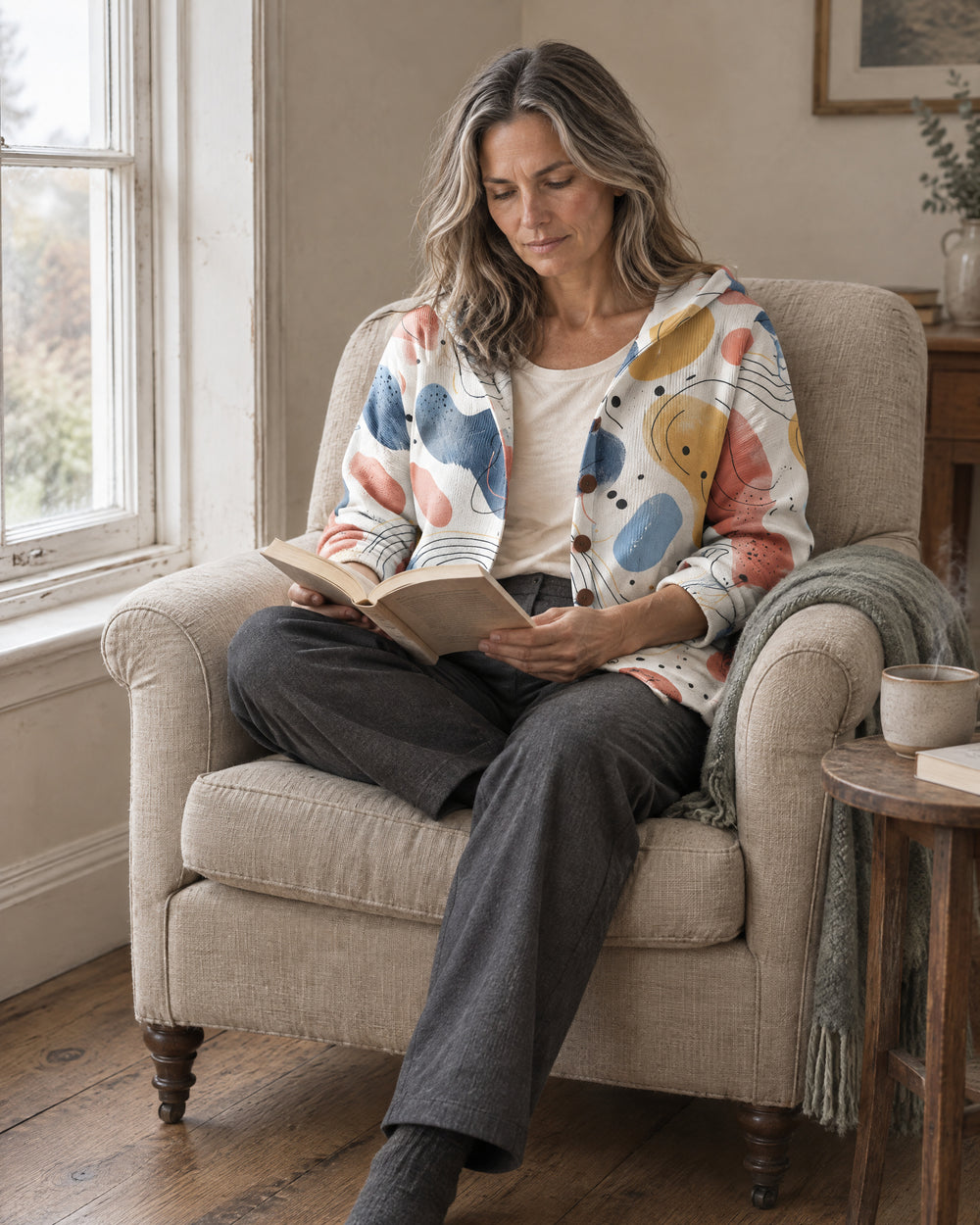 Patterned Hooded Cardigan, worn at home