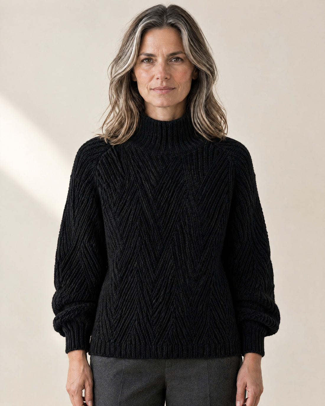 Chunky V-Stitch Mock Neck Jumper