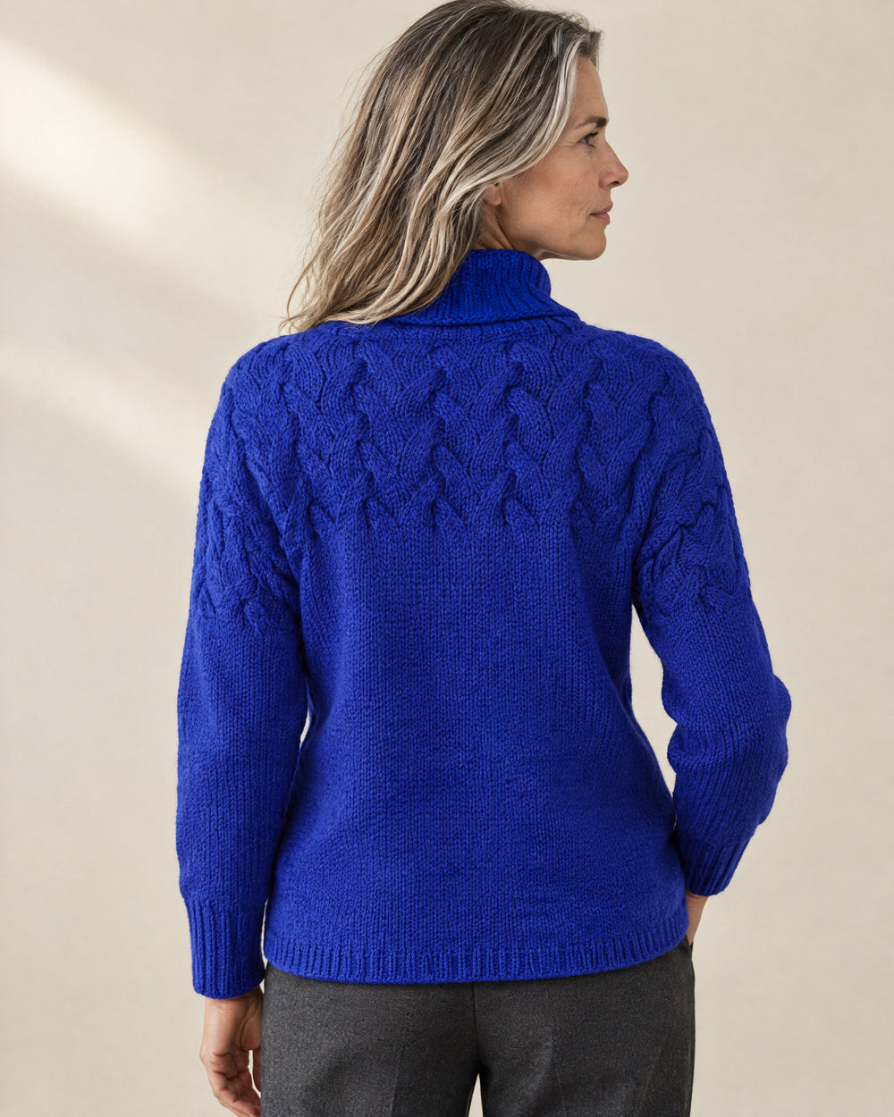 Cotton Cable Knit Roll Neck Jumper, back view, worn