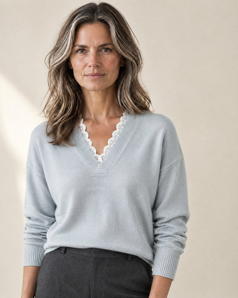 Lace-Trim V-Neck Jumper