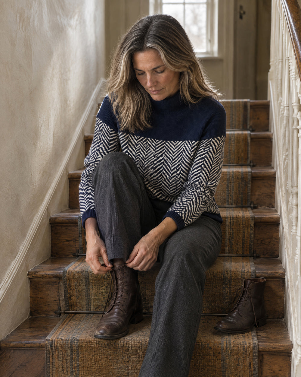 Zigzag Cotton Roll Neck Jumper, worn at home