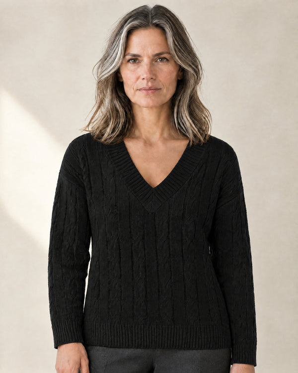 V-Neck Cable Knit Jumper in Black