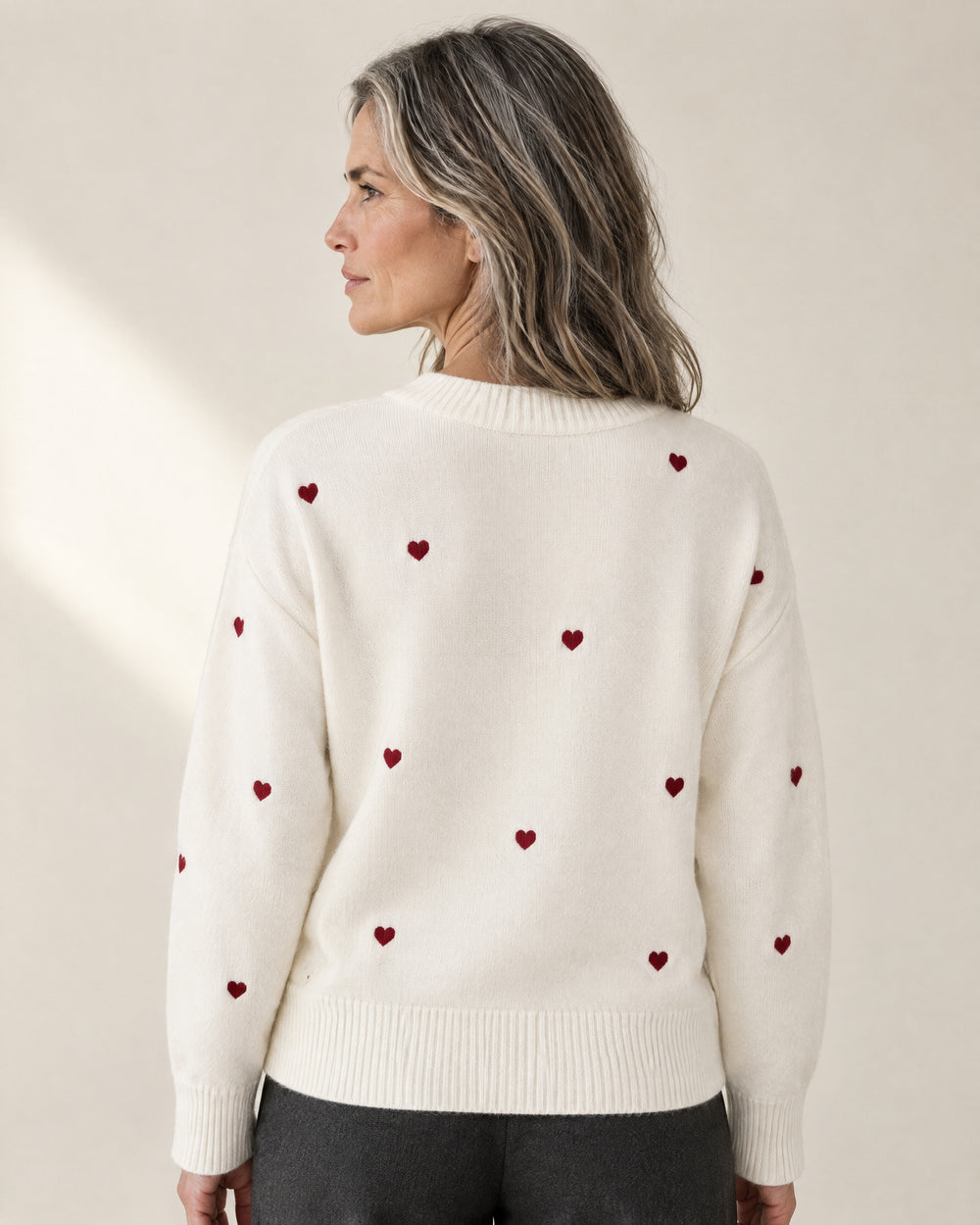 Heart Motif Crew Neck Jumper, back view, worn
