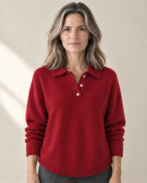 Curved-Hem Polo Collar Jumper in Red