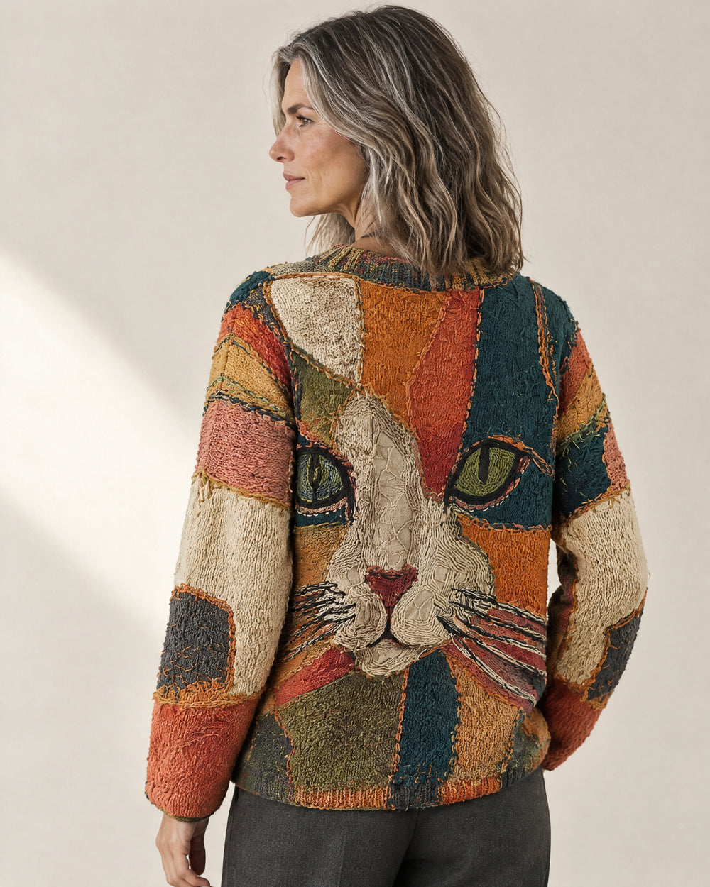 Textured Patchwork Cat Jumper, back view, worn