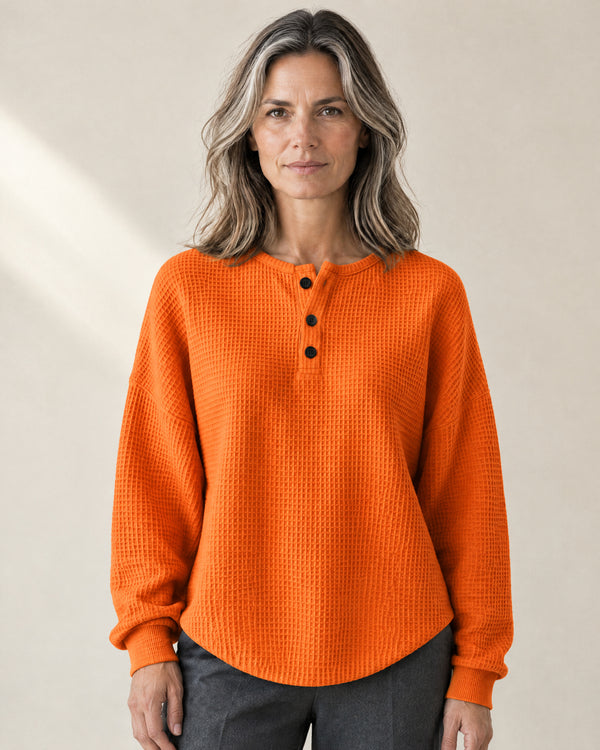 Three-Button Henley Jumper in Orange