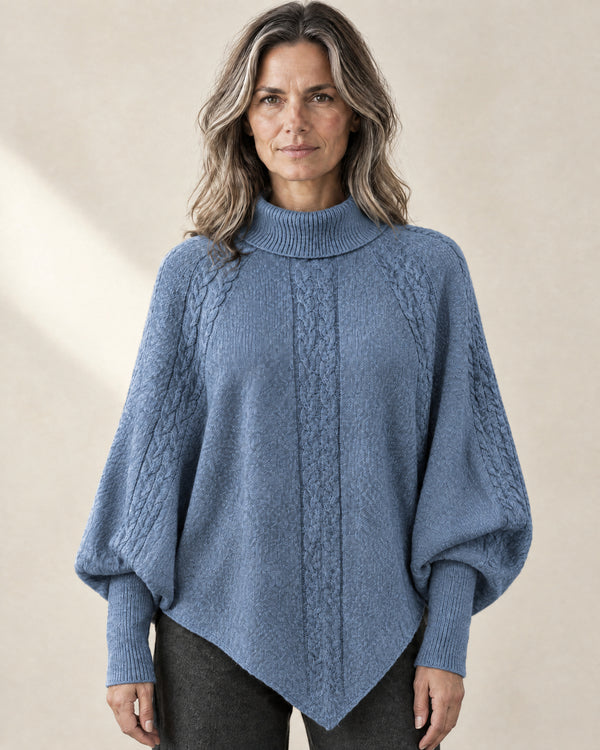 Cable Knit Batwing Poncho Jumper in Blue
