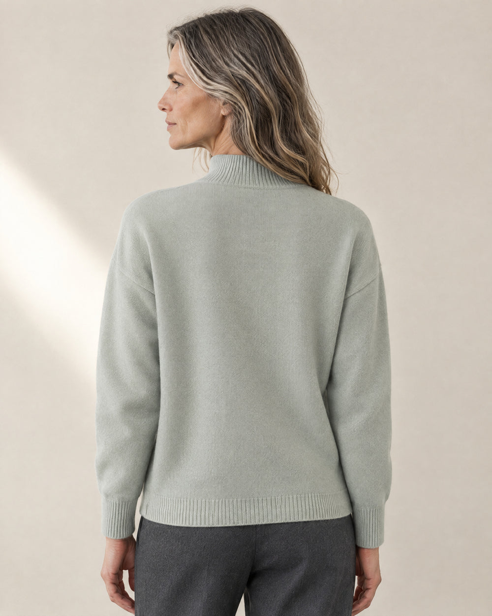 Fine-Knit Funnel Neck Jumper, back view, worn