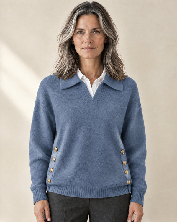 Polo Collar Button-Detail Jumper in Blue