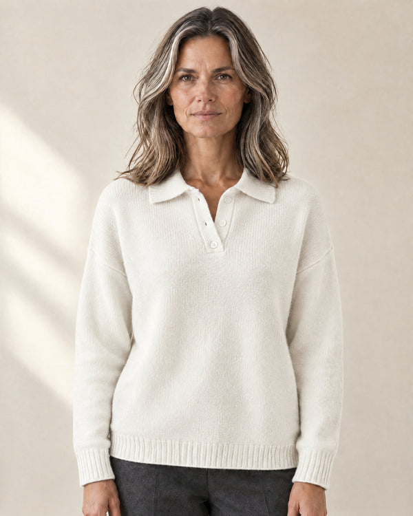 Brushed Knit Polo Jumper in White