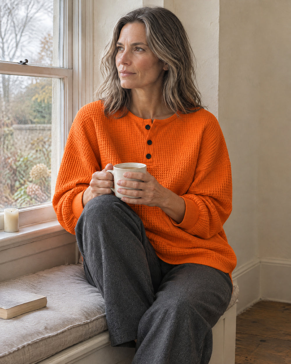 Three-Button Henley Jumper, worn at home