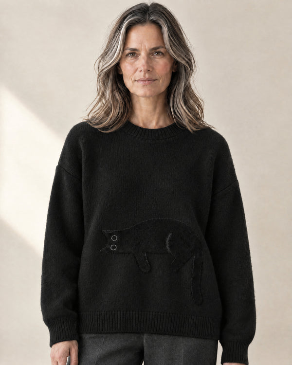 Oversized Cat Motif Jumper in Black