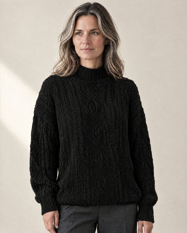 Chunky Cable Knit Mock Neck Jumper in Black