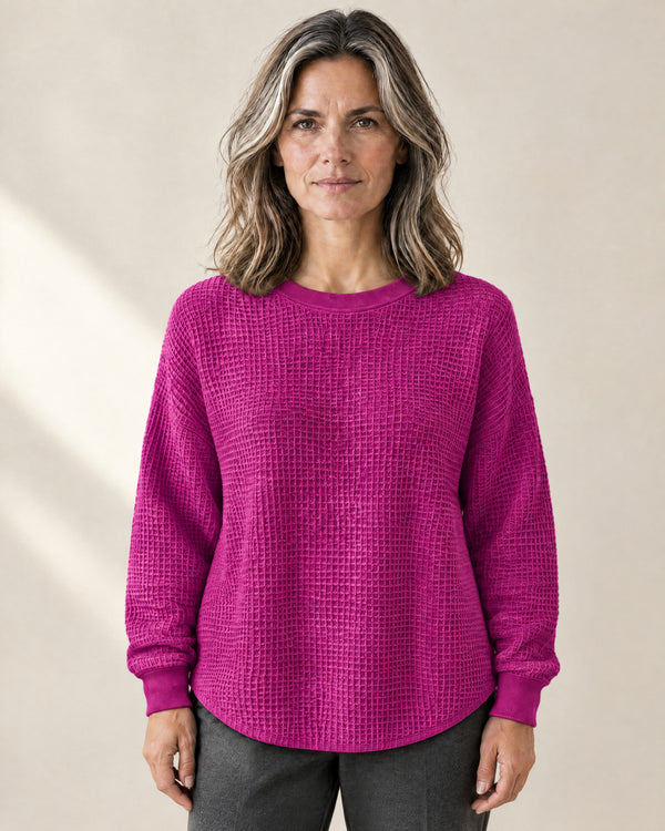 Waffle-Knit Crew Neck Jumper in Fuchsia