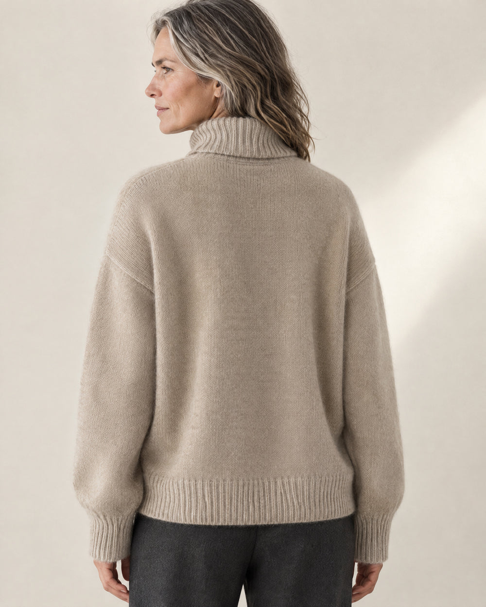 Drop Shoulder Roll Neck Jumper, back view, worn