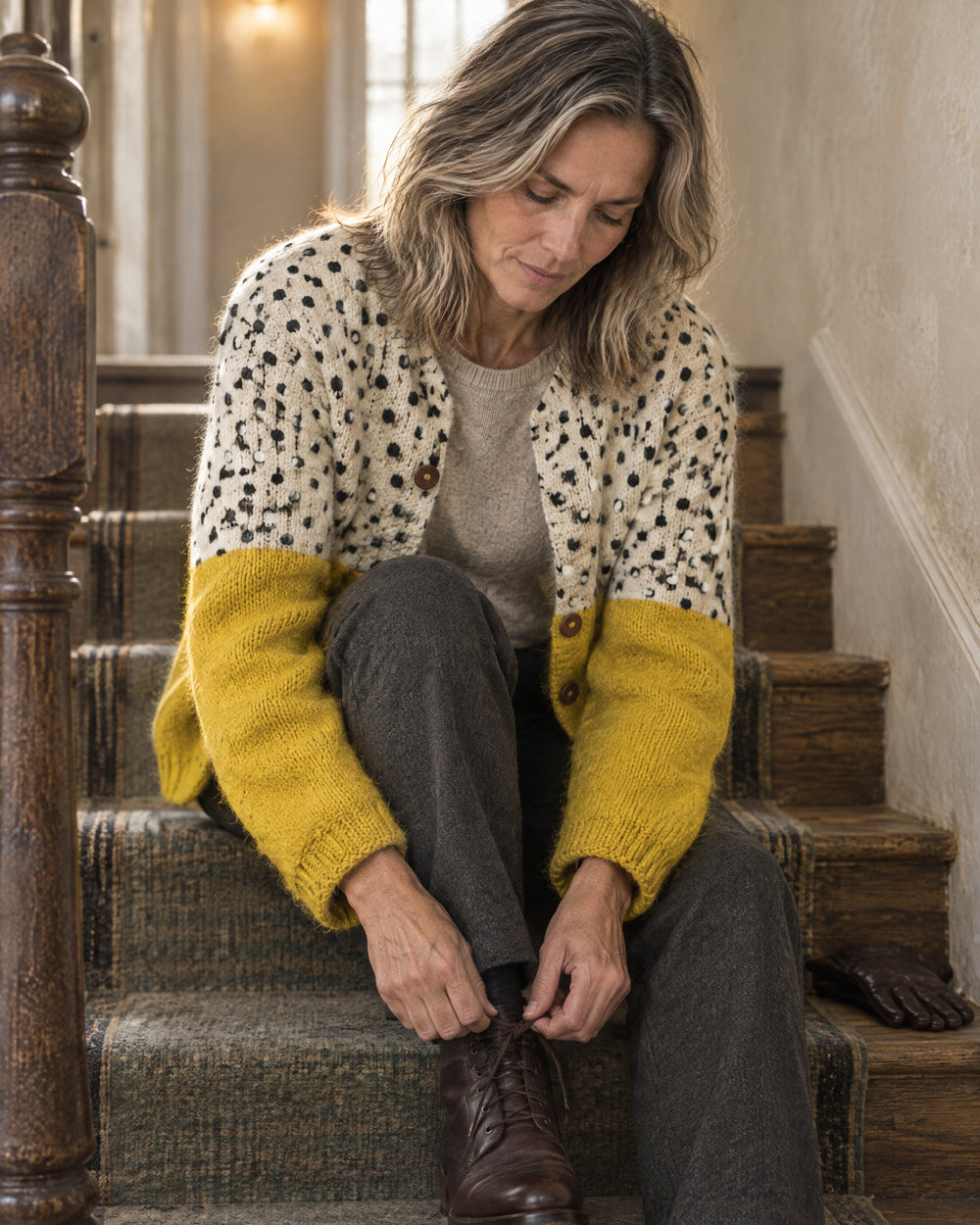 Polka Dot Colour-Block Cardigan, worn at home