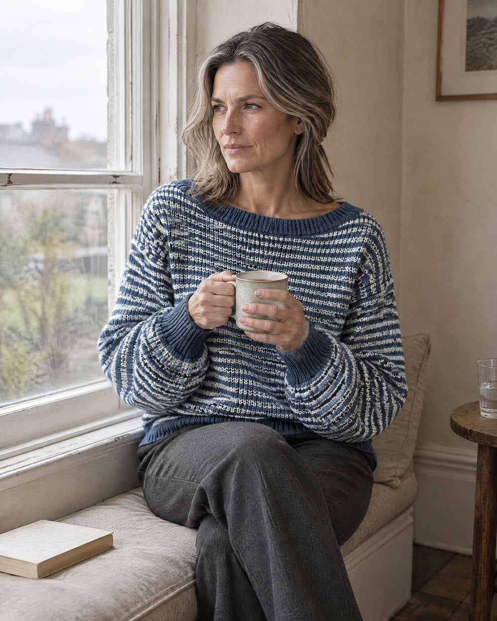 Striped Balloon Sleeve Jumper, worn at home