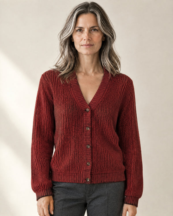 Pointelle V-Neck Cardigan in Dark Red