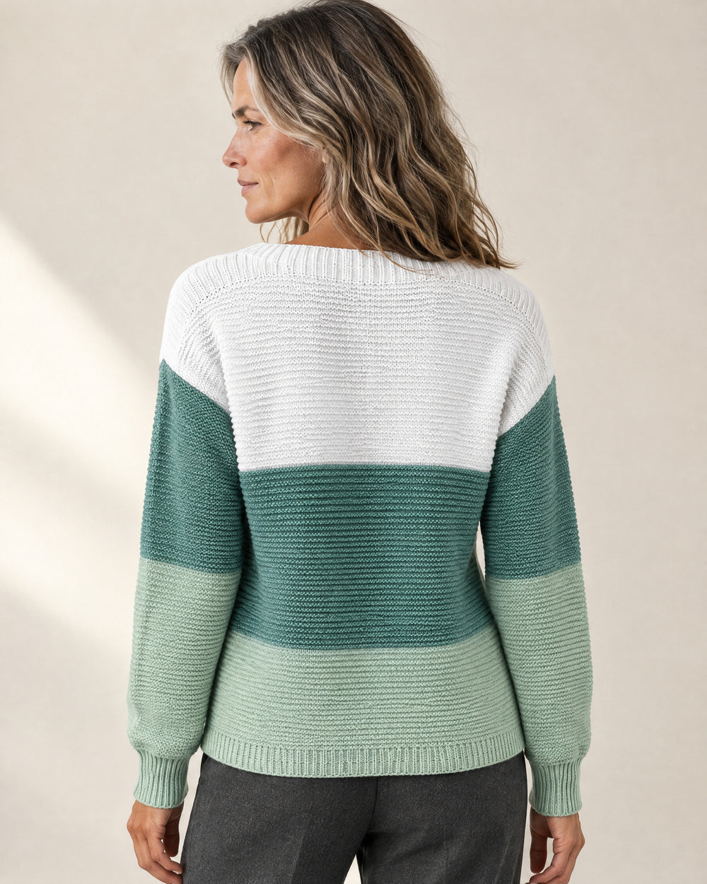 Colour-Block Patchwork Jumper, back view, worn