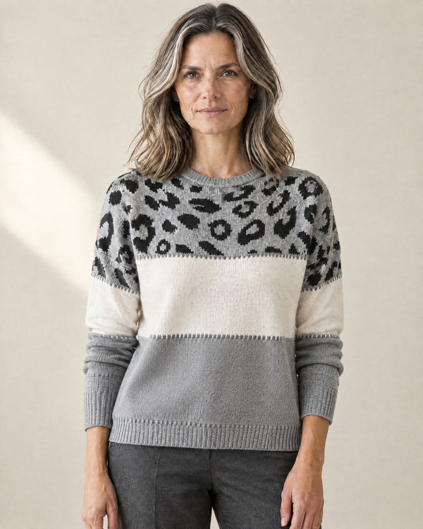 Leopard Colour-Block Jumper in Grey