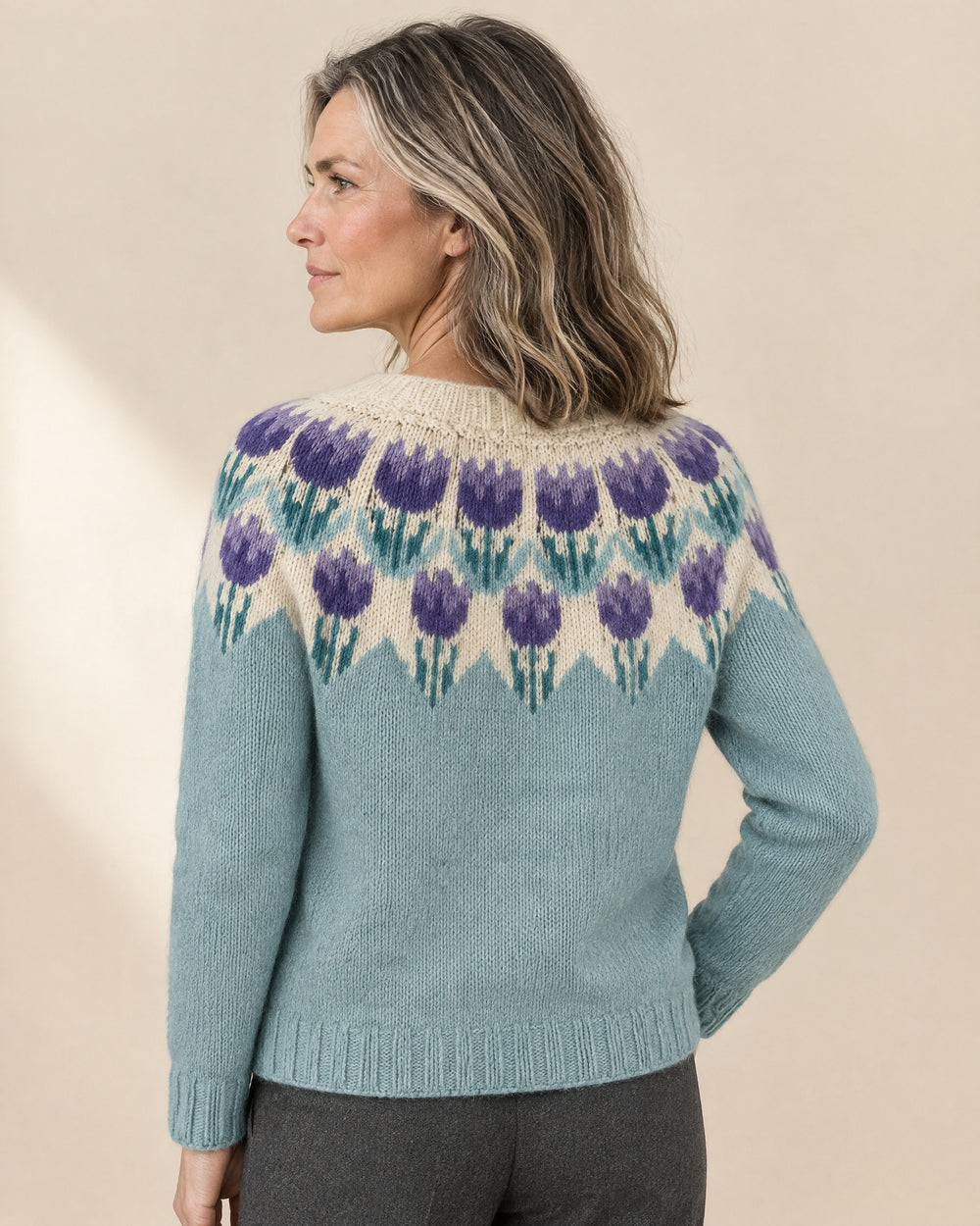 Floral Yoke Button Cardigan, back view, worn