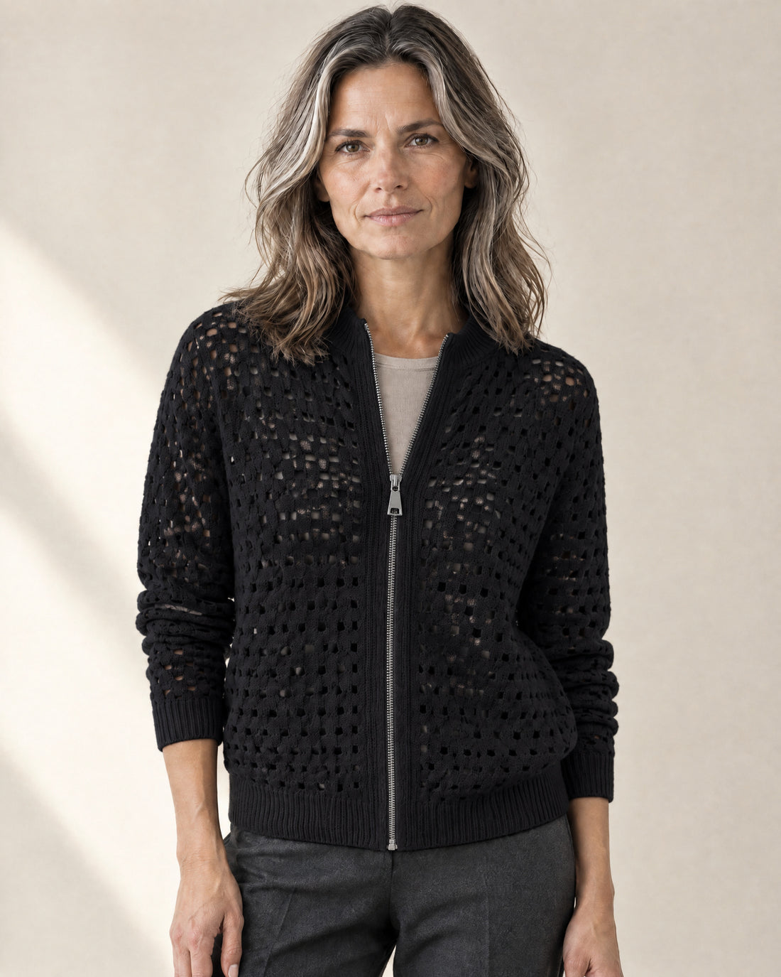 Openwork Zip-Through Cardigan
