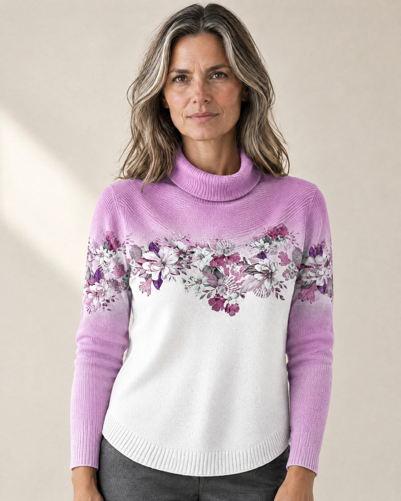 Floral Print Cotton Roll Neck Jumper