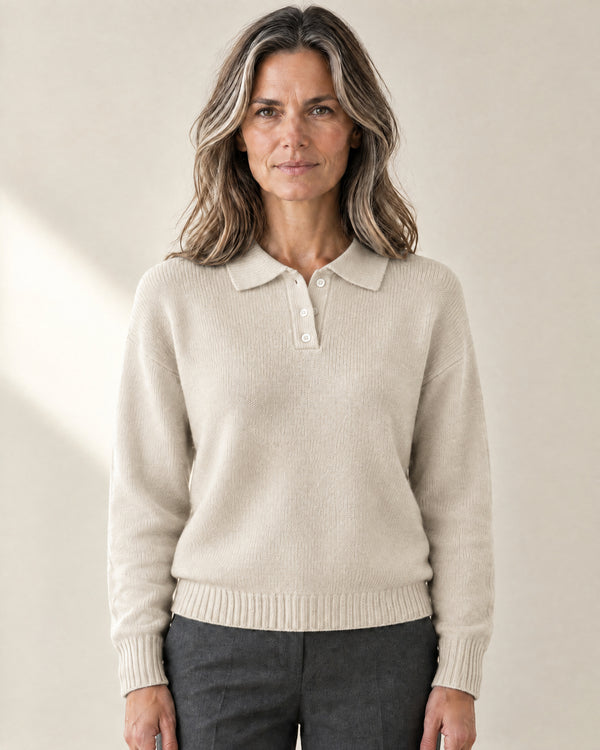 Soft-Knit Polo Collar Jumper in Beige