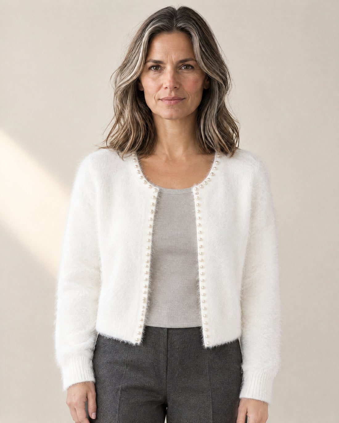 Pearl-Trim Open Front Cardigan