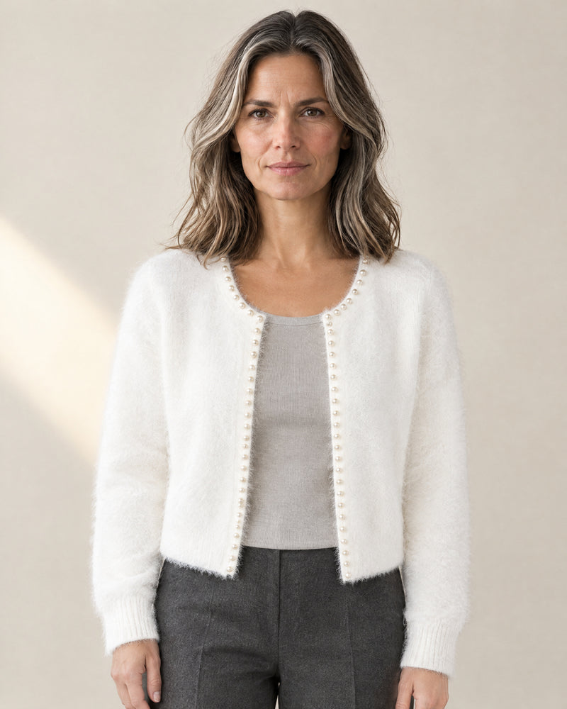 Pearl-Trim Open Front Cardigan