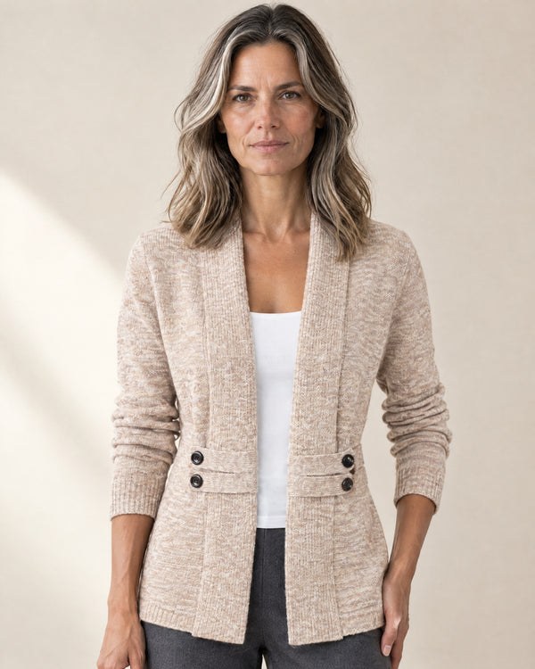 Button-Tab Open Front Cardigan in Off-white