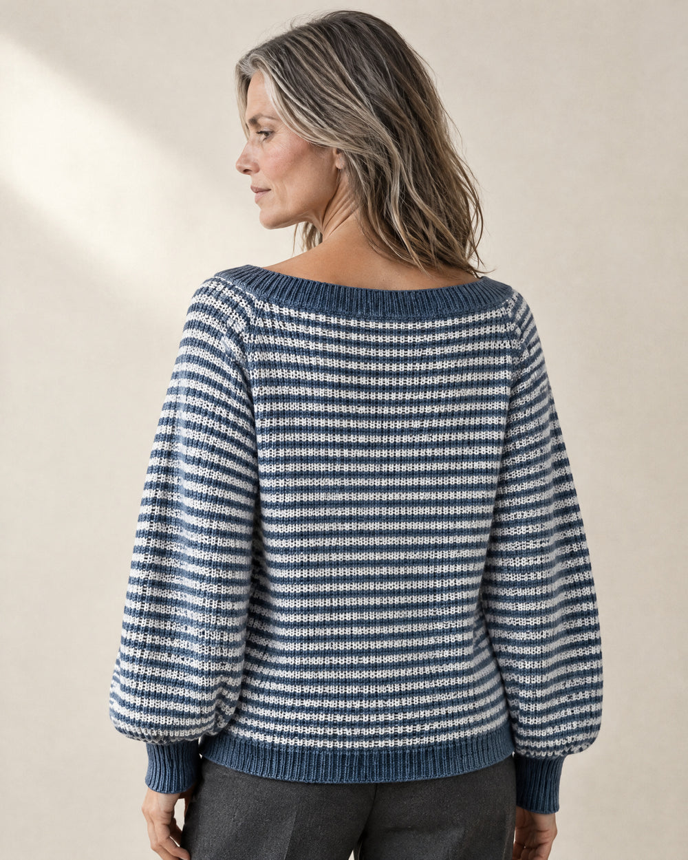 Striped Balloon Sleeve Jumper, back view, worn