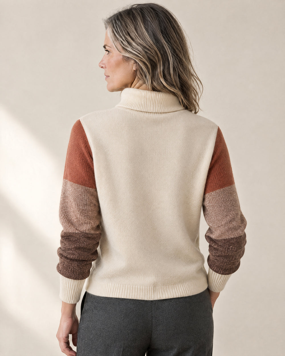 Colour-Block Sleeve Roll Neck Jumper, back view, worn