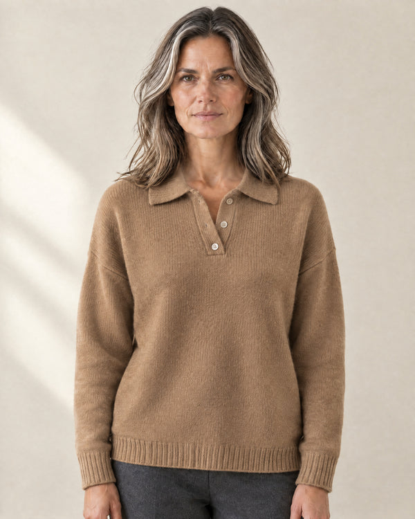 Brushed Knit Polo Jumper in Camel